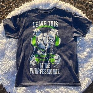 🩶5/$30 Hybrid Apparel Cat with Headphones Blue and Green T-Shirt Kids Size Small